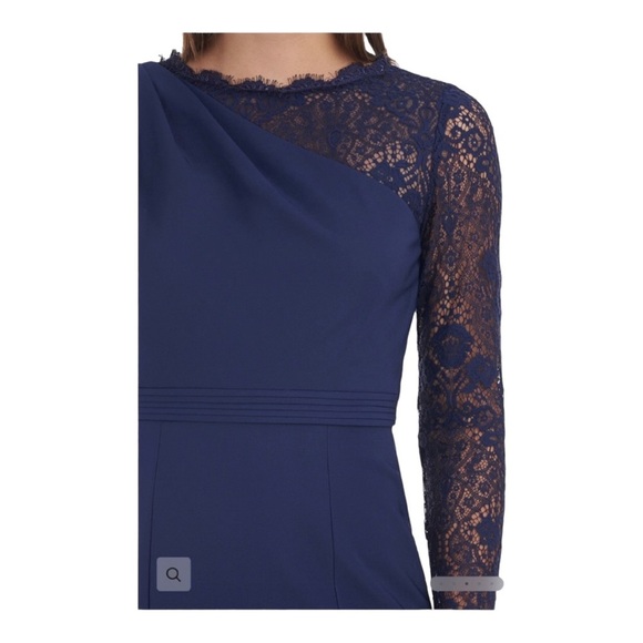 JS Collections navy Maria lace scallop long sleeve column gown NWOT - Picture 7 of 8